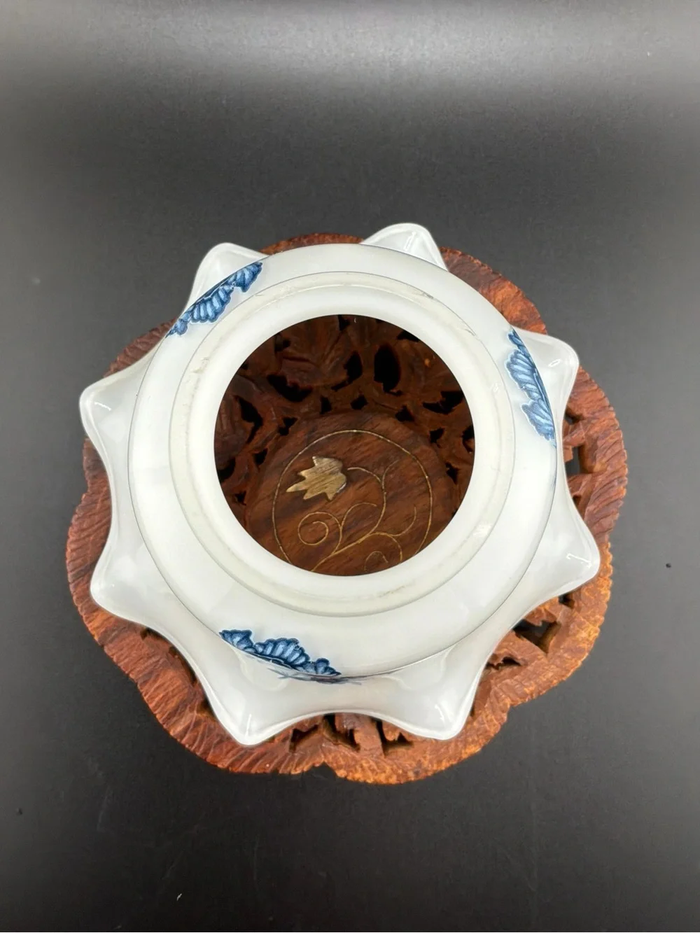 Blue Floral Ruffled Milk Glass Shades - Set of 3